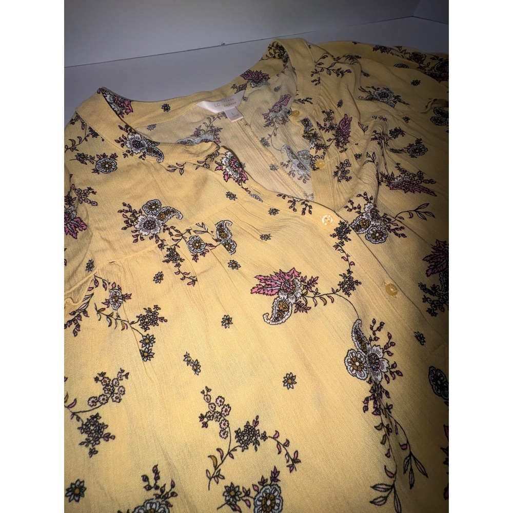 Lauren Conrad Yellow Floral V Neck 1/4 Button Long Sleeve Blouse Top Size L